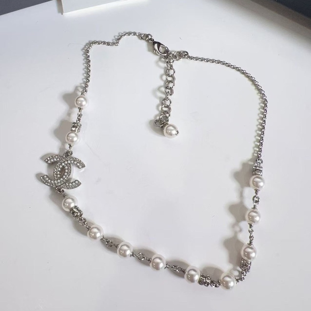 Chanel Pearl and Silver Chain CC Crystal Choker